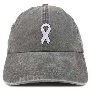 May include: A gray baseball cap with a curved brim. The cap features a white ribbon embroidered on the front. The hat is made of a washed cotton material.