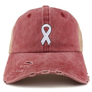 May include: Distressed burgundy baseball cap with a white ribbon emblem. The cap features a mesh back and a pre-curved brim with distressed detailing. A stylish accessory for casual wear.