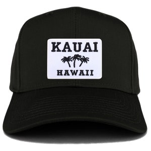 May include: Black baseball cap with a white patch that says "KAUAI HAWAII" with palm trees in black.