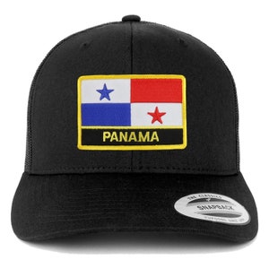 May include: Black trucker hat with a yellow, red, blue, and white embroidered patch of the Panamanian flag. The patch has the word "PANAMA" written in gold letters.