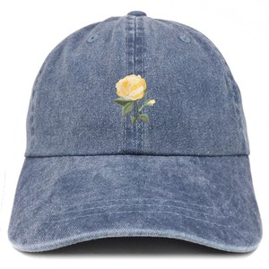 May include: A blue denim baseball cap with a yellow embroidered rose on the front.