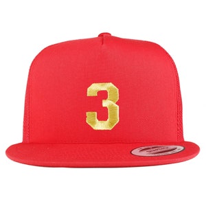 May include: Red trucker hat with a gold embroidered number 3 on the front.