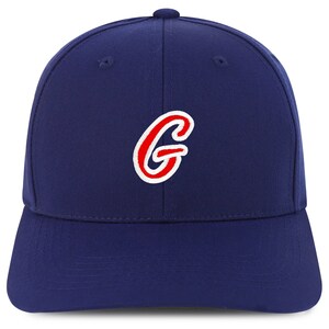 May include: A navy blue baseball cap with a red and white embroidered letter "G" on the front.