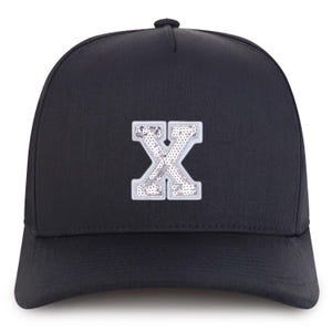 Gorra de béisbol de algodón de 5 paneles con parche de lentejuelas y letra X de Stitchfy (SF-AP0325-NIS-GNV-007)