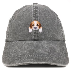 May include: A gray washed denim baseball cap with an embroidered image of a beagle puppy peeking out from behind the front of the cap.
