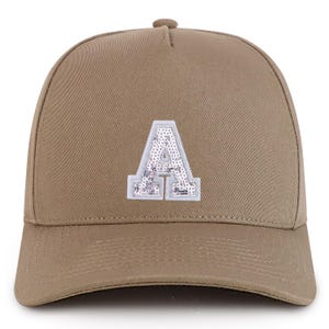 Gorra de béisbol de algodón de 5 paneles con parche de lentejuelas y letra A de Stitchfy (SF-AP0302-NIS-GNV-007)