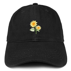 May include: A black baseball cap with an embroidered design of two yellow sunflowers.