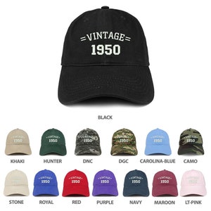 May include: A collection of 12 baseball caps in various colors, including black, khaki, hunter green, camo, carolina blue, stone, royal blue, red, purple, navy, maroon, and light pink. Each cap features the text "=VINTAGE= 1950" embroidered on the front.