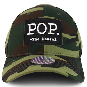 May include: A camouflage baseball cap with a black patch that says "POP. The Weasel" in white lettering.