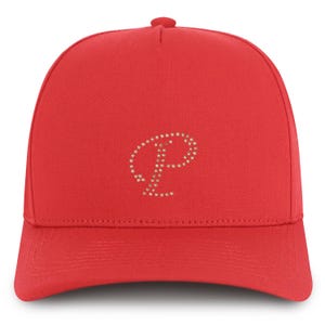 Gorra de béisbol de algodón de 5 paneles con parche de diamantes de imitación y letra P de Stitchfy (SF-AP0343-NIS-GNV-007)