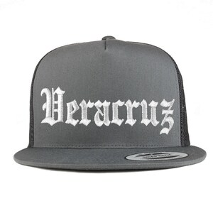 Stitchfy Old English Veracruz White Embroidered 5 Panel Flatbill Trucker Mesh Cap(SF-TXT2658-W-FLX-6006)