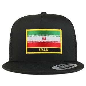 May include: A black trucker hat with a green, white, and red embroidered patch of the Iranian flag. The patch has a yellow border and the word "IRAN" in yellow letters.