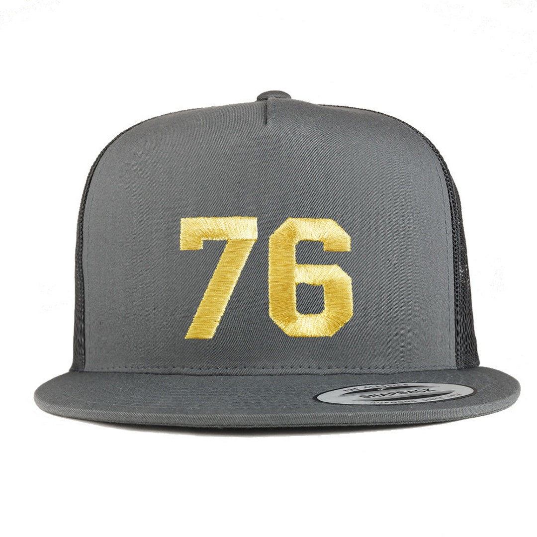 Stitchfy Number 76 Gold Thread Embroidered 5 Panel Flat Bill Trucker ...