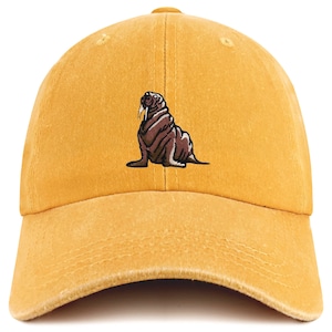 May include: A yellow baseball cap with an embroidered image of a brown walrus.