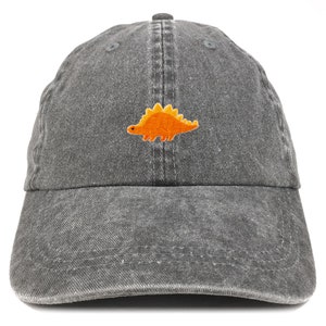 May include: A black denim baseball cap with an orange embroidered dinosaur on the front.