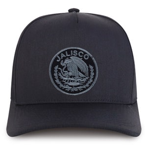 May include: Black trucker hat with a gray embroidered logo of an eagle and the word "JALISCO".