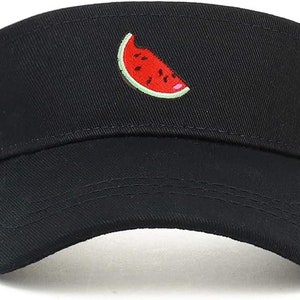 May include: A black visor with a red watermelon slice embroidered on the front.