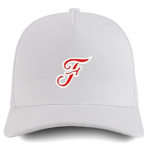 May include: White trucker hat with a red embroidered letter "F" on the front.