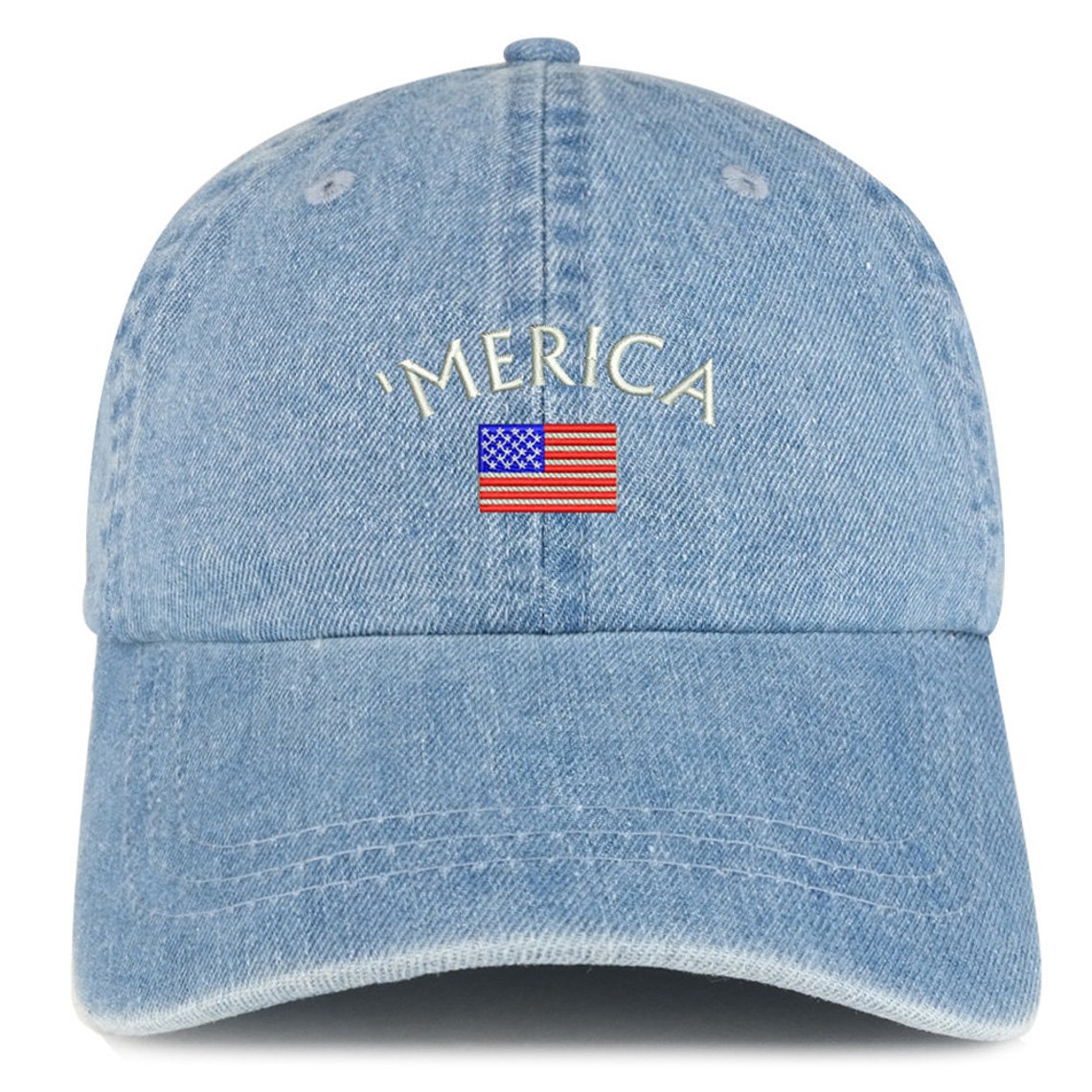 American Flag Dad Hat - 100% Cotton Denim, Embroidered USA, Low Profile, Adjustable Strap, Dark Blue - View #2