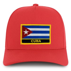 May include: Red baseball cap with a black and yellow embroidered patch featuring the Cuban flag and the word "CUBA".