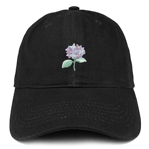 May include: A black baseball cap with an embroidered hydrangea flower in shades of purple and green on the front.