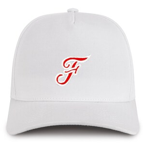 May include: White baseball cap with a red embroidered letter 'F' on the front.