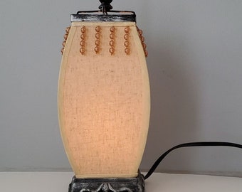 Victorian Tan Beaded Bed Side Fabric Table Lamp Night Light 10 Inches