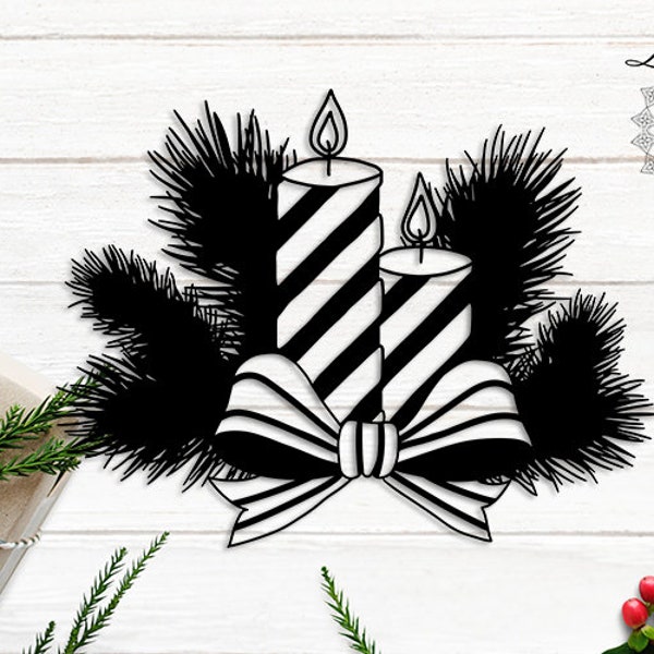 Christmas, X-mas, Decoration, Candles, Bow, Fir branch | Laser Paper Cut Vinyl | File design to download | SVG, DXF Template vector