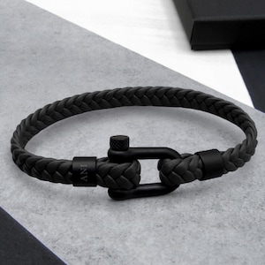 Personalised Men's Nautical Black Matt Shackle & Woven Leather Bracelet - Mens Jewelry - Gifts For Him - Mens Gift - Men's Jewellery