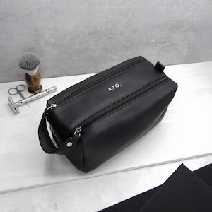 Personalised Men's Large Leather Wash Bag Toiletry Bag Gift For Dad Personalized Leather Travel Gift Anniversary Gift Black