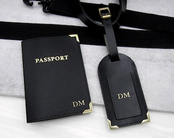 Handmade Personalised Metallic Edge Leather Luggage Tag & Passport Holder Set - Gift For Him - Anniversary Gift - Travel Tag- Wedding Gift