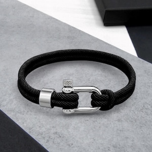 Men&#39;s Nautical Rope Bracelet – Double Strand with D-Shackle Clasp – Silver Stainless Steel or Matt Black – Gifts for Him – Sailing Jewellery