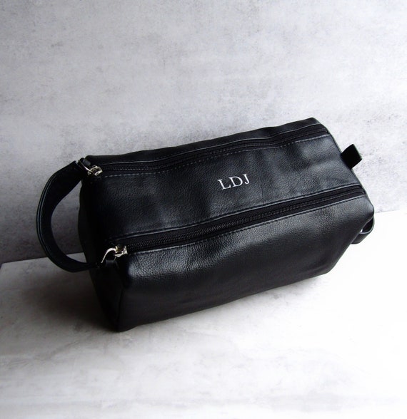 personalised leather wash bag