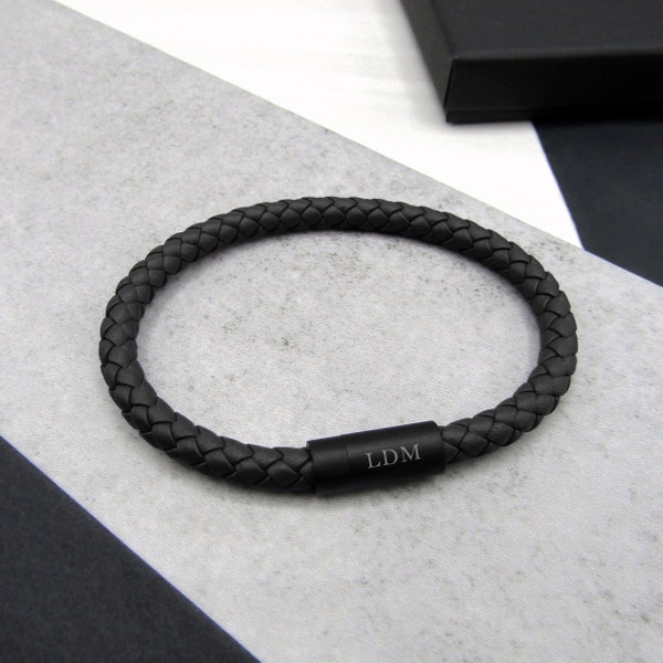 Personalised Men's Black Clasp Woven Leather Bracelet - Anniversary Gift - Personalised Bracelet - Men Jewelry - Gifts For Him - Leather Men