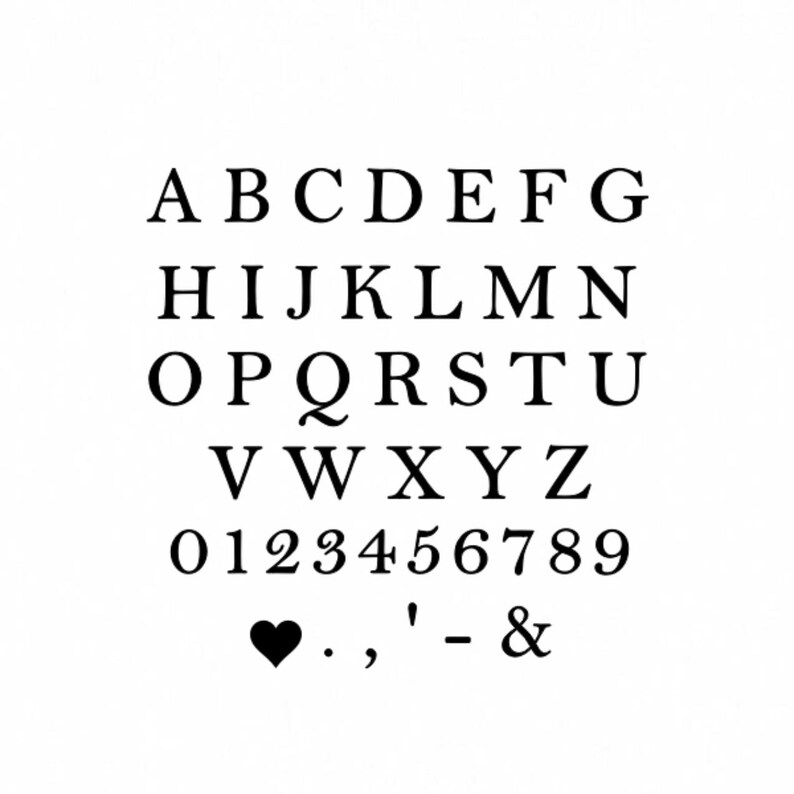 May include: Black and white image of the alphabet in uppercase letters, numbers 0-9, and punctuation marks including a heart, period, comma, apostrophe, hyphen, and ampersand.
