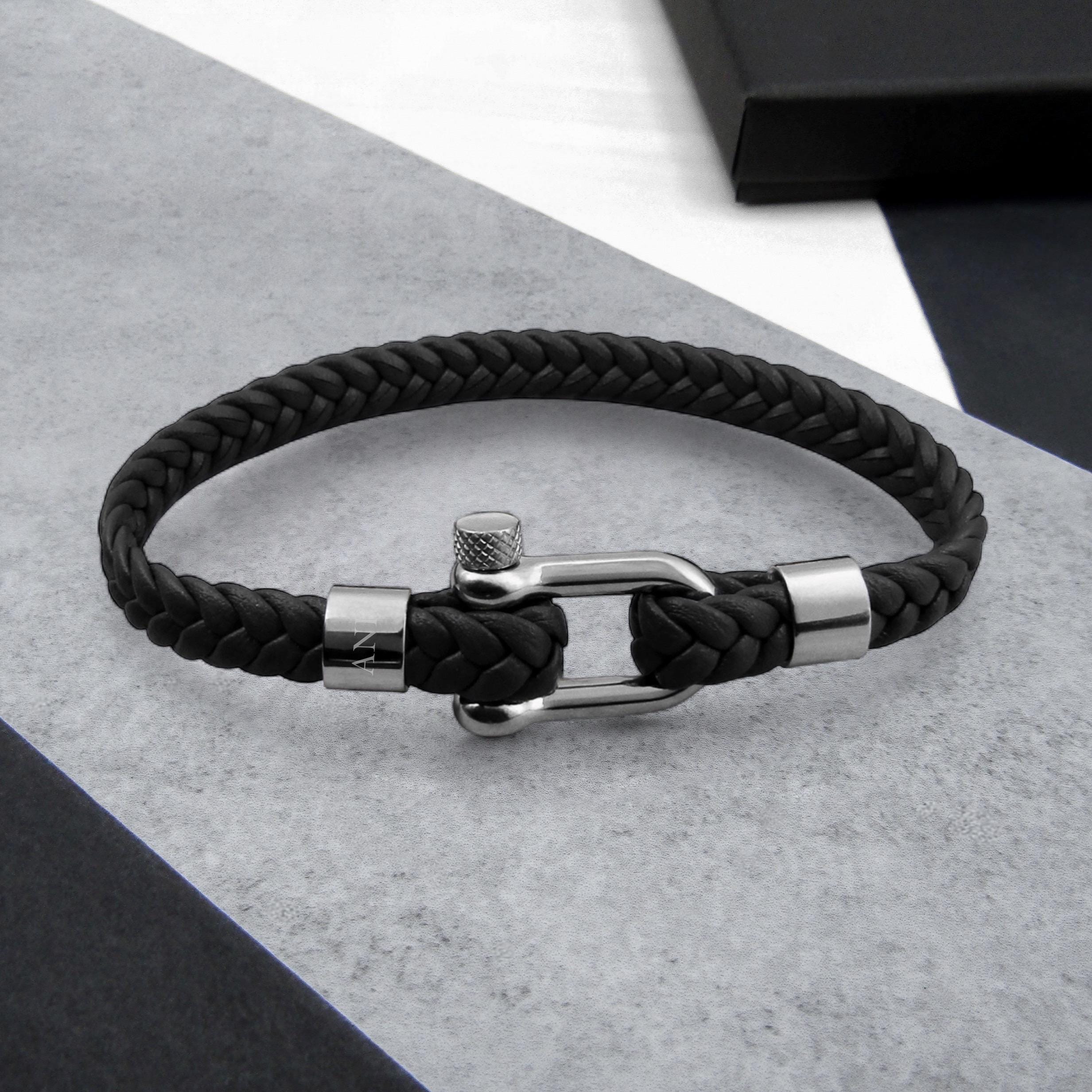 Personalised Men's Nautical Shackle Woven Leather Bracelet