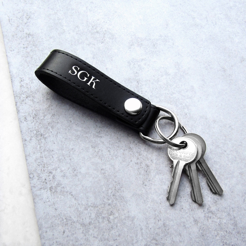 Handmade Personalised Black Leather Loop Keyring Gifts For Him Anniversary Gift Custom Keyring Personalized Leather New Home Gift image 1