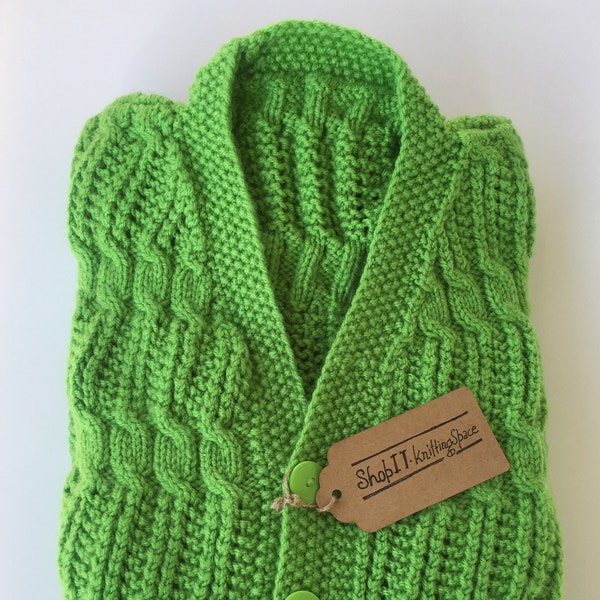 Green Unisex Adult Full Sleeves Sweater. HandKnitted Parrot Green Warm Yarn. V-Neck All-Over Cables. Knitted in USA. St Patricks Day Gifts.