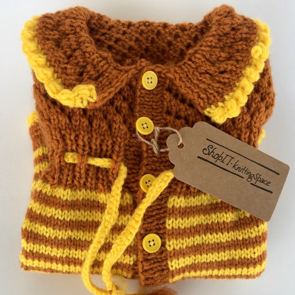 Brown and Yellow HandKnitted Striped Baby Sweater. Warm Toddler Chunky Matinee Coat. Kids/Baby Gifts. Unisex Photo Prop. Hand Knitted Set..