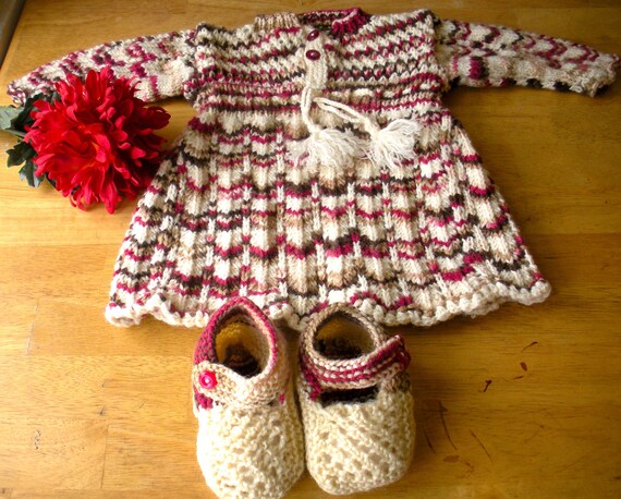 Handknitted Baby Sweater frock and Booties Set. Maroon Mixed Colored cream Yarn. Hand Knitted Santa Red and White Merry Christmas Kids Gifts Etsy