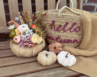 Velvet Pumpkin with Flowers: Extra Large Fall Centerpiece