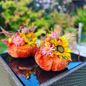 Orange Velvet Pumpkins. Thanksgiving decor. Halloween Pumpkins. Bright Floral Pumpkins. Fall Decor. Table Centrepiece image 1