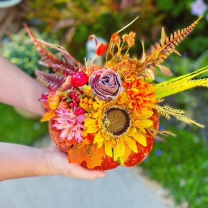 Orange Velvet Pumpkins. Thanksgiving decor. Halloween Pumpkins. Bright Floral Pumpkins. Fall Decor. Table Centrepiece image 5