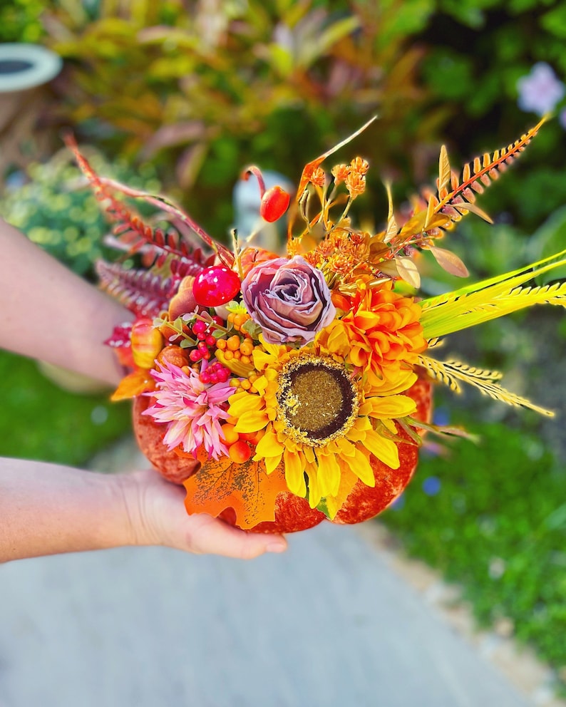 Orange Velvet Pumpkins. Thanksgiving decor. Halloween Pumpkins. Bright Floral Pumpkins. Fall Decor. Table Centrepiece image 5