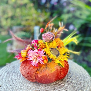 Orange Velvet Pumpkins. Thanksgiving decor. Halloween Pumpkins. Bright Floral Pumpkins. Fall Decor. Table Centrepiece image 3