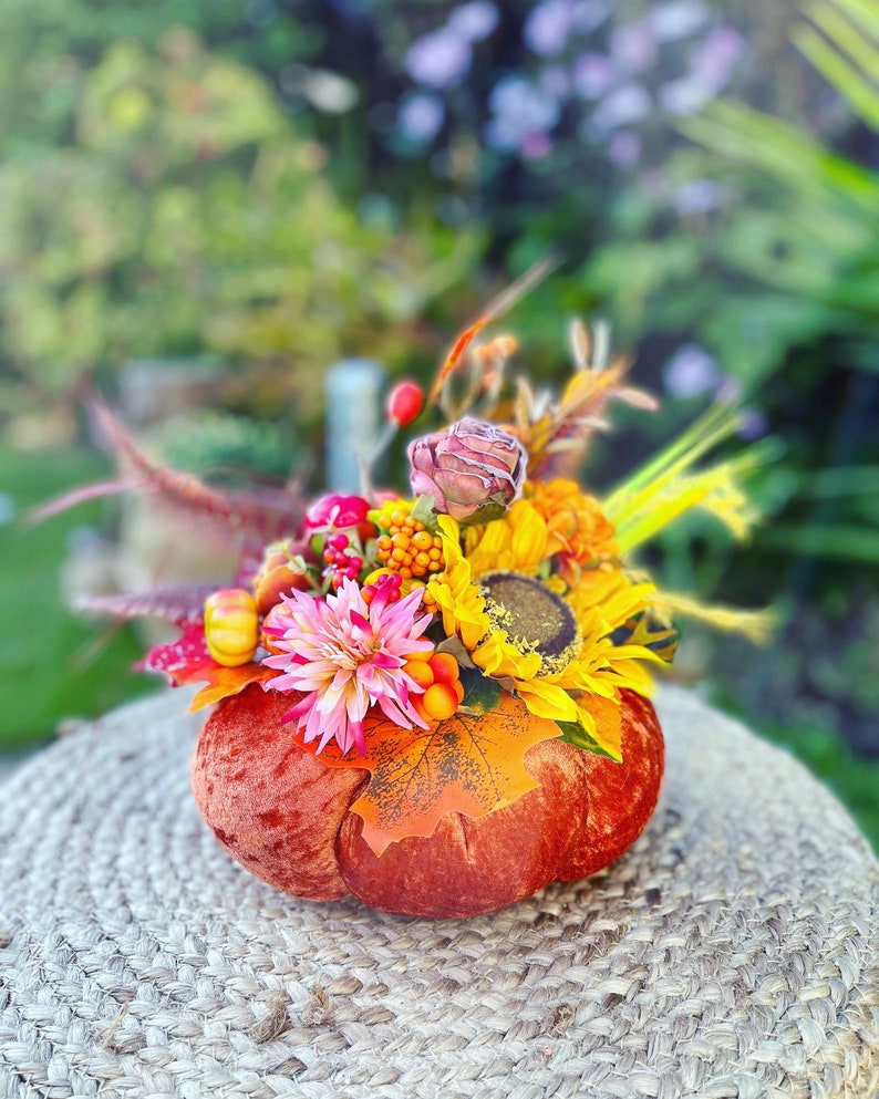 Orange Velvet Pumpkins. Thanksgiving decor. Halloween Pumpkins. Bright Floral Pumpkins. Fall Decor. Table Centrepiece image 3