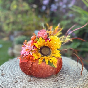 Orange Velvet Pumpkins. Thanksgiving decor. Halloween Pumpkins. Bright Floral Pumpkins. Fall Decor. Table Centrepiece image 4