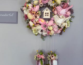 Floral Easter Wreath: Pink Spring Decor with Fabric Birds