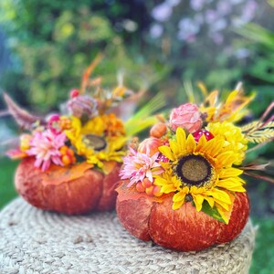 Orange Velvet Pumpkins. Thanksgiving decor. Halloween Pumpkins. Bright Floral Pumpkins. Fall Decor. Table Centrepiece image 2