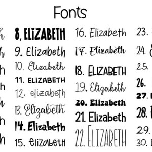 K&ouml;nnte beinhalten: Schwarz-wei&szlig;es Bild mit 30 verschiedenen Schriftarten des Namens "Elizabeth". Das Wort "Fonts" steht oben. Jeder Stil ist nummeriert und in verschiedenen kursiven, fetten und dekorativen Schriftarten dargestellt.